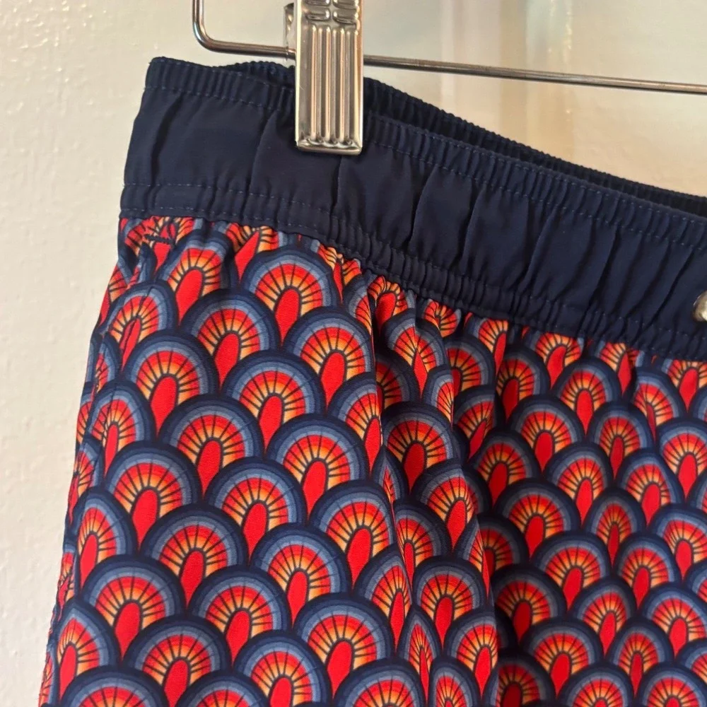 Fair Harbor Mens Swim Shorts Red Navy Geometric Fan Print Board Shorts Large